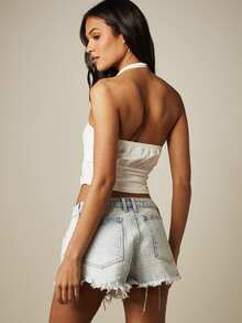 MISSGUIDED Raw Hem Denim Mini Shorts Acid Wash Fringe Cut-Off Summer Festival Jean Shorts Low Rise Five Pocket - Light Wash - View 3