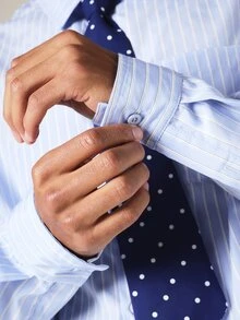 SUMWON Crop Fit Pinstripe Long Sleeve Dress Shirt With Classic Collar And Chest Pocket Spring Summer - Blue - View 5