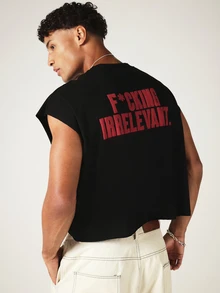 SUMWON F-Cking Irrelevant Graphic Print Crop Tank Top With Crew Neck Boxy Fit Sleeveless Style - Black - View 1