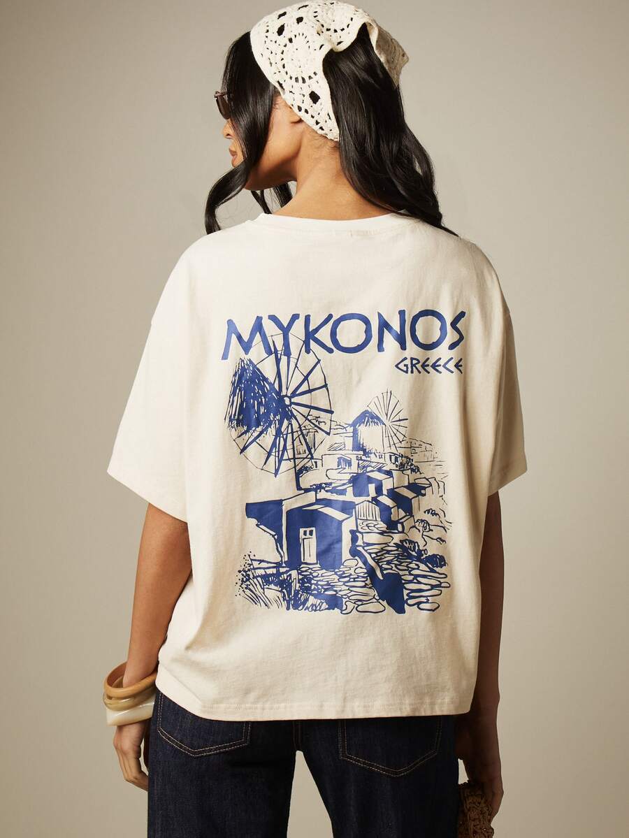 MISSGUIDED Mykonos Greece Graphic Back Print Oversized Crew Neck Short Sleeve T-Shirt Summer Vacation Casual Tee - Apricot - View 1