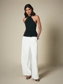 KSTM Áo peplum cổ yếm thanh lịch với phần trước chéo và sau hở có cúc cài, thích hợp cho các buổi tiệc mùa hè. - màu xanh lá - Xem 3