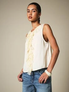 KSTM Elegant Sleeveless Blouse With Lace Fringe Ruffle Front Detail V-Neck Lightweight Summer Party Top - Yellow - View 6