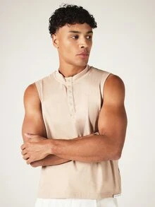 SUMWON Áo tank top Henley không tay với hàng cúc bấm và cổ áo đứng, thích hợp mặc thường ngày vào mùa hè. - Màu Khaki - Xem 6