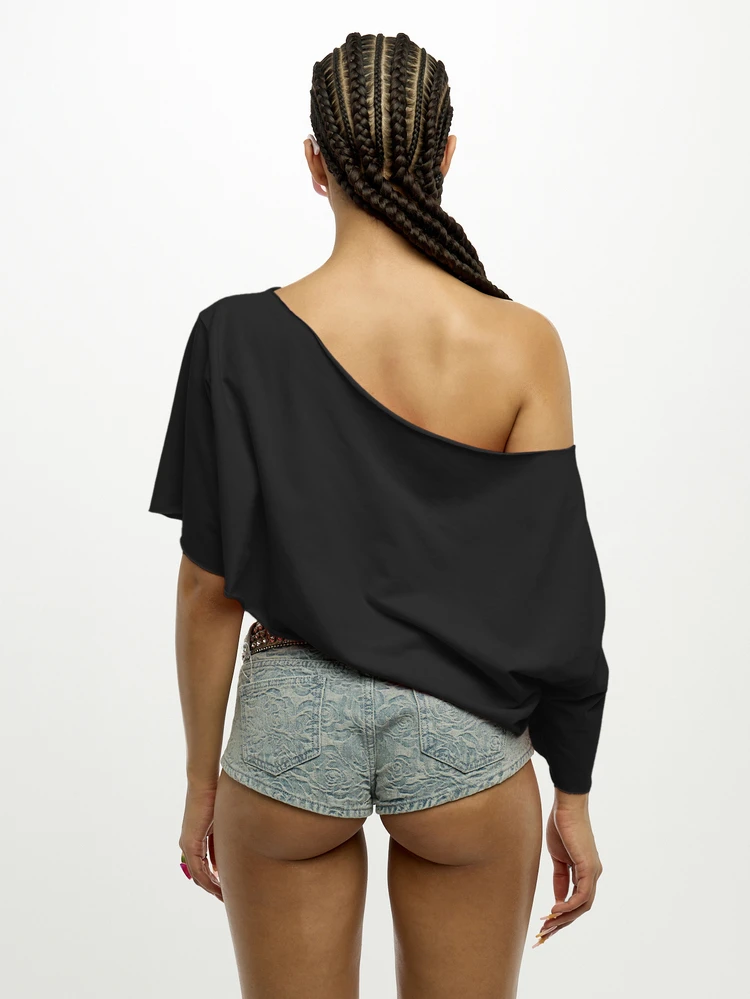 SUMWON WOMEN Cropped Off-Shoulder Graphic Tee With Bold Script Print And Short Sleeve Festival Style Top