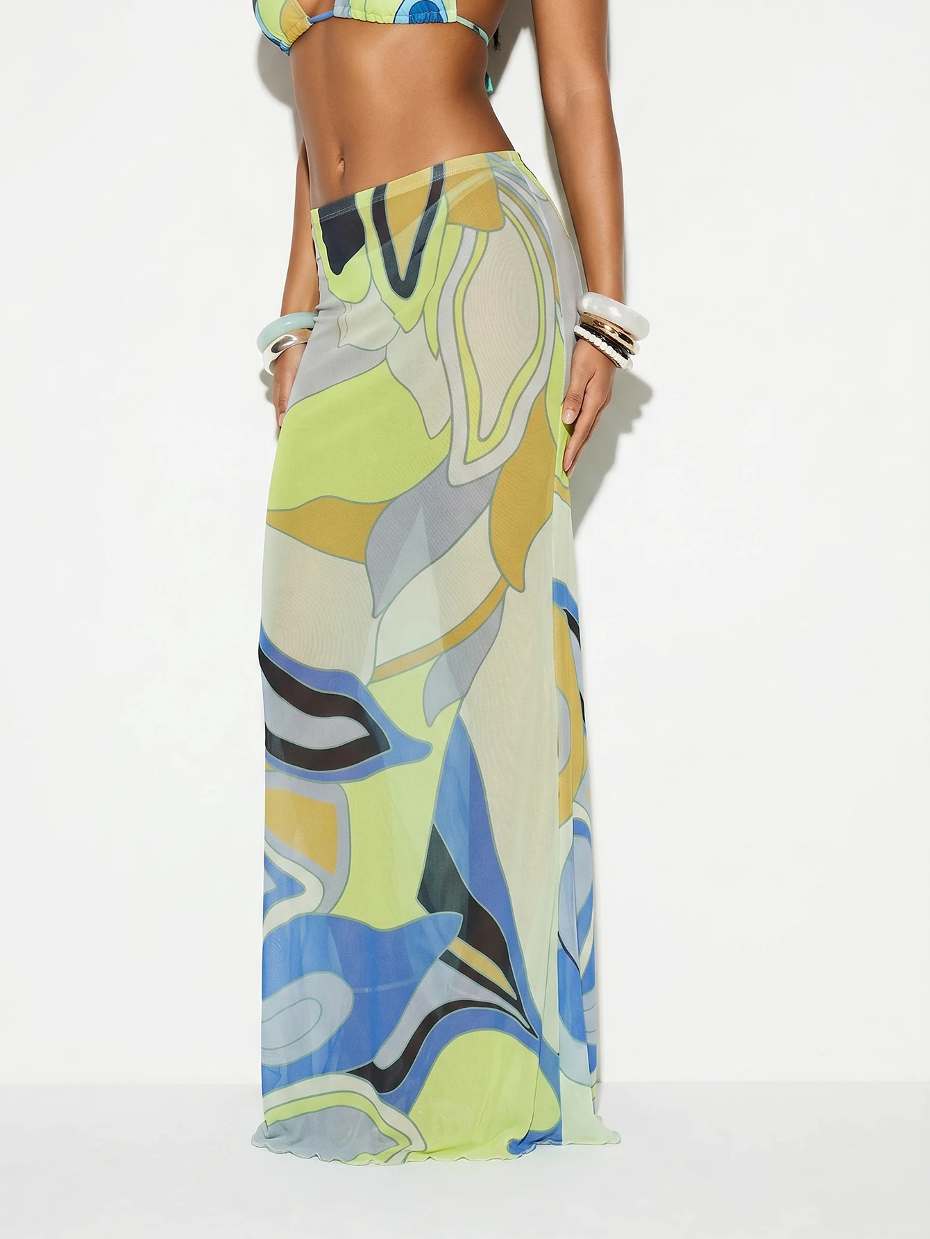 KIZN Sheer Mesh Midaxi Skirt With Abstract Swirl Print