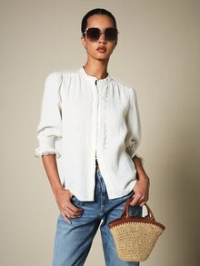 KSTM Boho Chic Gauze Blouse With Lace Trim Puff Sleeves Band Collar Button Front Spring Summer Top - Apricot - View 4