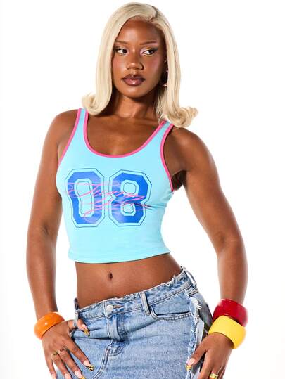 SUMWON WOMEN Crop Tank Top With Contrast Binding, Number 08 Varsity Graphic Print, Scoop Neck, Summer Y2K Style