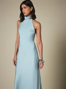 KSTM Halter Neck Backless Satin Maxi Dress With Tie Detail And Open Back For Evening And Formal Occasions - Aqua Blue - View 3