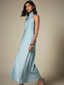 KSTM Halter Neck Backless Satin Maxi Dress With Tie Detail And Open Back For Evening And Formal Occasions - Aqua Blue - View 7