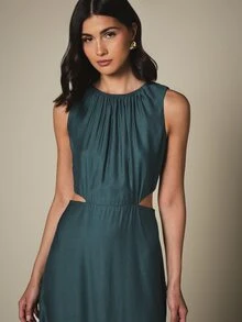 KSTM Sleeveless Cut-Out Waist Midi Dress With Gathered Scoop Neck And Side Slit Flowy A-Line Silhouette - Green - View 5