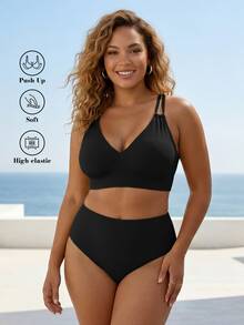 ELLERISSA Plus Size Black High Waist Cross Strap Back Bikini Set - Black - View 1