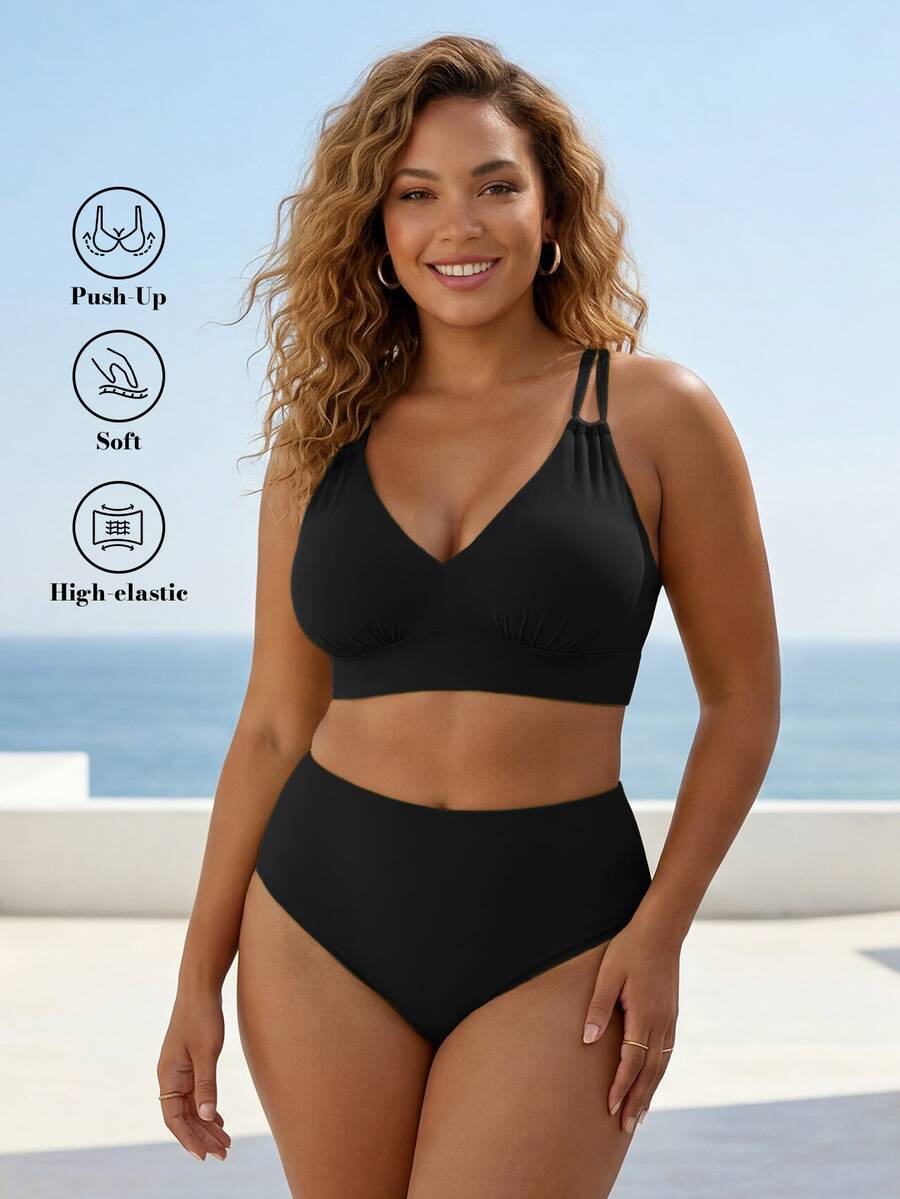 ELLERISSA Plus Size Black High Waist Cross Strap Back Bikini Set - Black - View 1