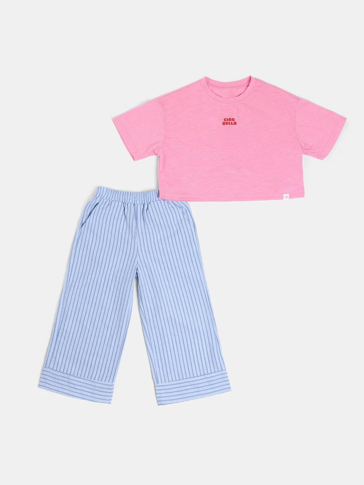 Ciao Bella Graphic Crop T-Shirt And Striped Wide-Leg Culottes Co-Ord Set For Summer