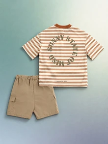 SUMWON Boys Striped Crew Neck Short Sleeve Tee And Cargo Shorts Co-Ord Set With Back Slogan Print Summer Two-Piece Outfit - Apricot - View 1