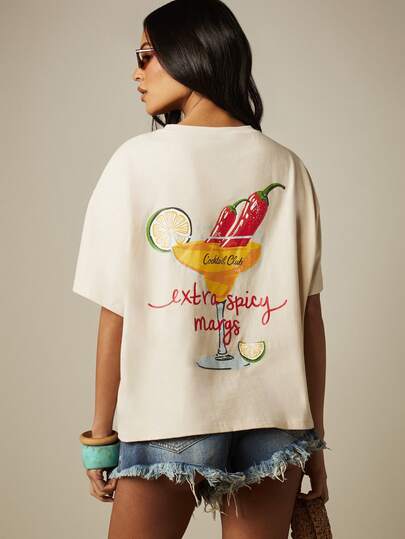 MISSGUIDED Club Extra Spicy Margs Oversized Graphic Tee Back Print Crew Neck Short Sleeve Summer T-Shirt