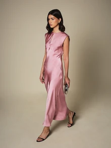 KSTM Đầm maxi satin cổ chữ V khoét, tay ngắn, cắt xéo, dáng midi, thích hợp cho đám cưới, tiệc tối. - Hồng - Xem 6