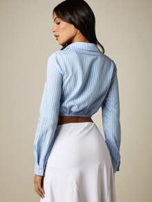 MISSGUIDED Striped Twist Front Crop Shirt With Collared Neckline And Long Sleeves Spring Summer Style - Blue and White - View 3