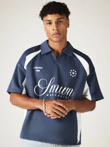 SUMWON Áo polo dáng rộng, tay ngắn, cổ mở, kiểu dáng crop top, phối màu độc đáo, thích hợp cho mùa hè. - Màu xanh lam - Xem 4