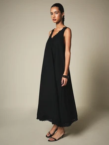KSTM Sleeveless Maxi Dress With Deep V-Neck Lace Trim And Eyelet Hem Detail For Summer Evenings - Black - View 4