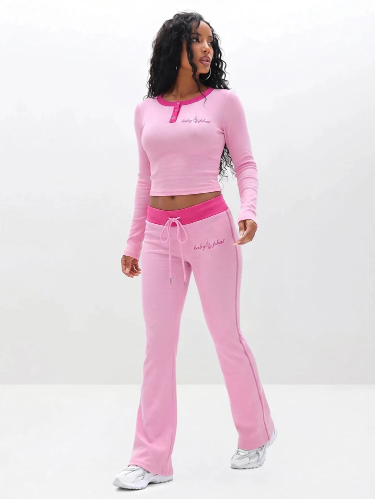BABYPHAT Pantaloni a zampa di elefante con costine, vita con coulisse a contrasto e dettaglio di ricamo del logo