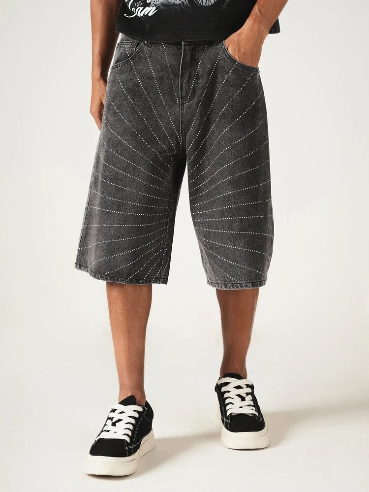 Pantaloncini di jeans a gamba ampia con decorazioni in strass e motivo a linee puntinate a raggiera, pantaloncini casual estivi Bermuda