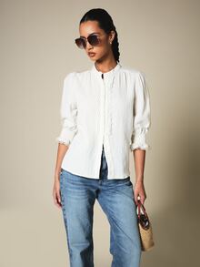 KSTM Boho Chic Gauze Blouse With Lace Trim Puff Sleeves Band Collar Button Front Spring Summer Top - Apricot - View 6