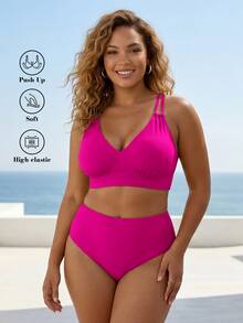 ELLERISSA Plus Size Pink High Waist Cross Strap Back Bikini Set - Pink - View 1