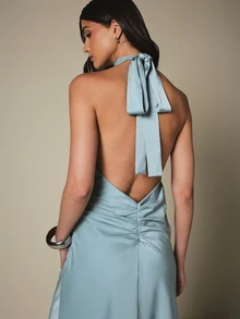 KSTM Halter Neck Backless Satin Maxi Dress With Tie Detail And Open Back For Evening And Formal Occasions - Aqua Blue - View 6