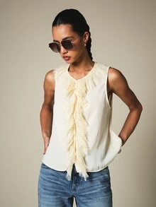 KSTM Elegant Sleeveless Blouse With Lace Fringe Ruffle Front Detail V-Neck Lightweight Summer Party Top - Yellow - View 5