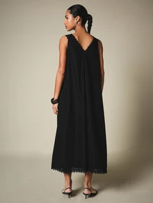 KSTM Sleeveless Maxi Dress With Deep V-Neck Lace Trim And Eyelet Hem Detail For Summer Evenings - Black - View 2