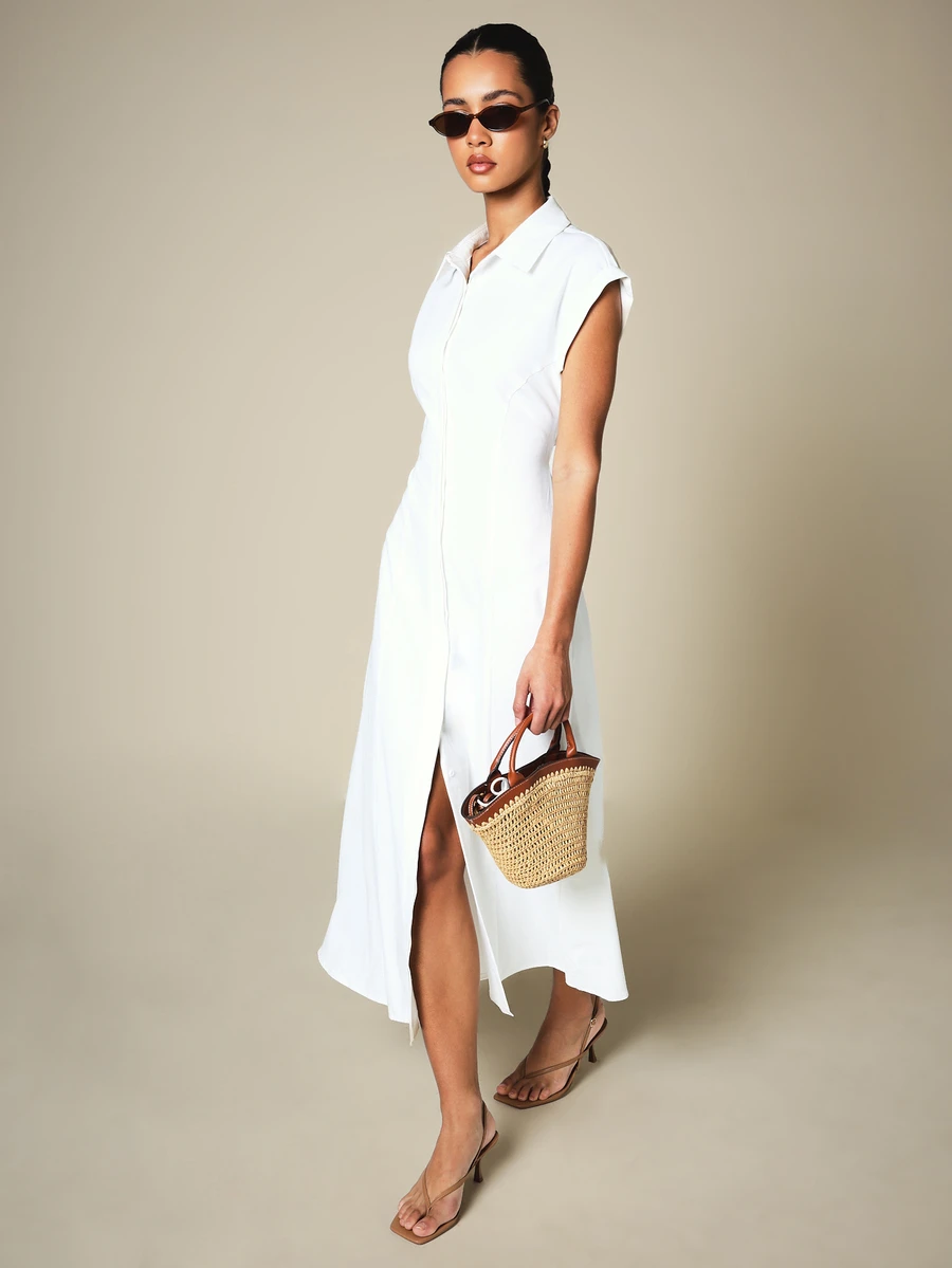 KSTM Cut-Out Back Shirt Maxi Dress With Collared Neckline Cap Sleeves Button Front Closure Summer Midi Length - White - View 1