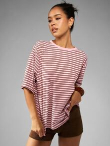 MISSGUIDED 条纹宽松圆领半袖罗纹T恤，休闲日常夏季必备单品 - 粉色 - 查看 6