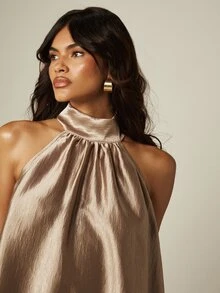 MISSGUIDED Satin High Neck Halter Tie Back Asymmetric High Low Mini Dress Sleeveless Loose Fit Party Evening - Khaki - View 3