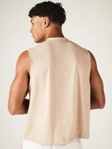 SUMWON Áo tank top Henley không tay với hàng cúc bấm và cổ áo đứng, thích hợp mặc thường ngày vào mùa hè. - Màu Khaki - Xem 2