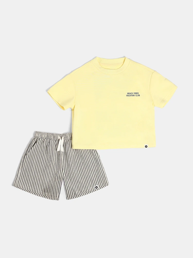Boys Crew Neck Short Sleeve Lemon Capri Italy Graphic Tee And Striped Shorts Co-Ord Summer Holiday Set