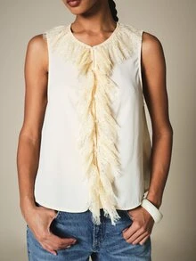 KSTM Elegant Sleeveless Blouse With Lace Fringe Ruffle Front Detail V-Neck Lightweight Summer Party Top - Yellow - View 4