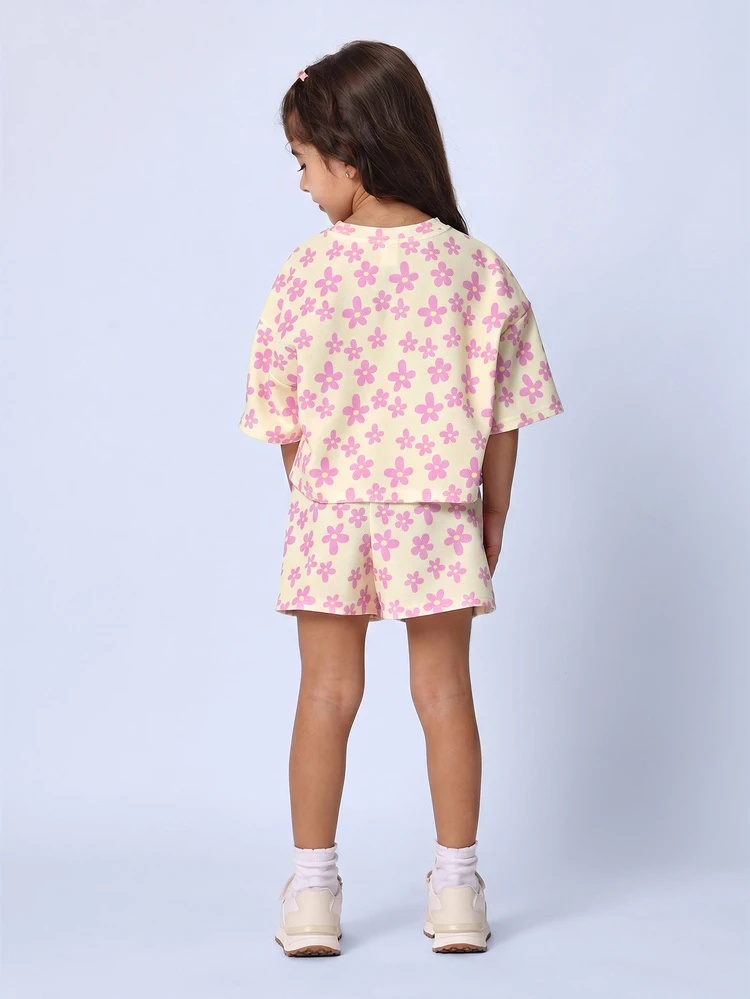 Floral All-Over Print Co-Ord T-Shirt And Shorts Set For Little Ones Summer Casual Daisy Pattern