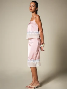 KSTM Strappy Satin Cami Top With Lace Trim Detail And Chiffon Ruffle Hem Elegant Evening Top - Multicolor - View 6