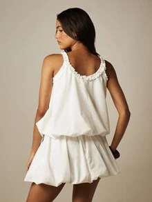 MISSGUIDED Bubble Hem Mini Dress With Ruffle Neckline Sleeveless Flowy Summer Beach Vacation Party - White - View 2