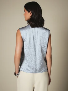 KSTM Áo tank top không tay cổ chữ V khoét sâu thanh lịch với chi tiết thắt nút xoắn phía trước, chất liệu satin nhăn, thích hợp cho mùa hè. - Màu xanh lam - Xem 2