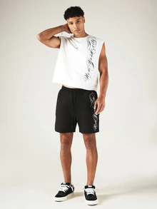 SUMWON Crop Sleeveless Tank Top With Vertical New York City Calligraphy Script Print Front And Back - White - View 3