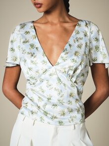 KSTM Floral Print Wrap-Style V-Neck Blouse With Flutter Short Sleeves Feminine Spring Summer Top Brunch Day Party Light Blue Floral Romantic Elegant - Multicolor - View 4