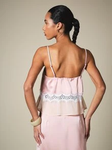 KSTM Strappy Satin Cami Top With Lace Trim Detail And Chiffon Ruffle Hem Elegant Evening Top - Multicolor - View 2