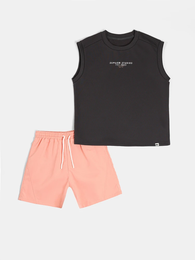 Studios ärmelloses Top und Shorts Co-Ord Set mit Logo Muster Sommer Zweiteiler