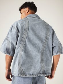 SUMWON Oversized Short Sleeve Denim Shirt With Decorative Seam Detail And Chest Pocket For Summer - Blue - View 2