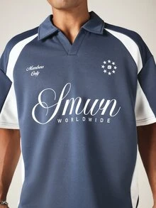 SUMWON Áo polo dáng rộng, tay ngắn, cổ mở, kiểu dáng crop top, phối màu độc đáo, thích hợp cho mùa hè. - Màu xanh lam - Xem 5