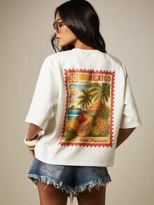 MISSGUIDED Viva Mexico Vintage Tropical Stamp Graphic Back Print Oversized Crop Tee Short Sleeve Crew Neck Summer T-Shirt Holiday Vacation White - White - View 1