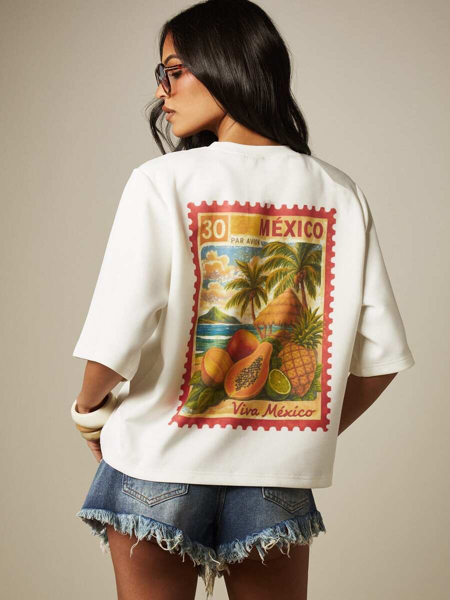 MISSGUIDED Viva Mexico Vintage Tropical Stamp Graphic Back Print Oversized Crop Tee Short Sleeve Crew Neck Summer T-Shirt Holiday Vacation White - White - View 1