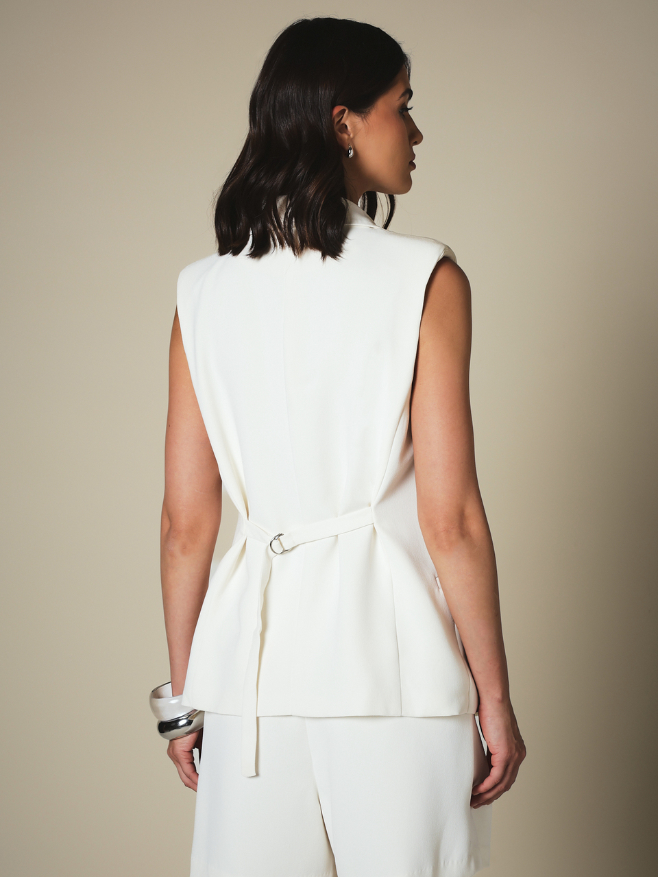 KSTM Sleeveless Belted Blazer Vest With Deep V-Neck Lapel Collar Single Button Closure Longline Hip Length Tailored Fit