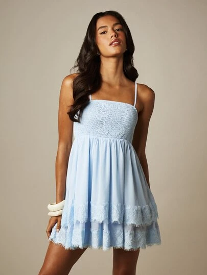 MISSGUIDED Babydoll Chiffon Mini Dress With Smocked Bodice Tiered Lace Trim Skirt Spaghetti Straps Summer Party